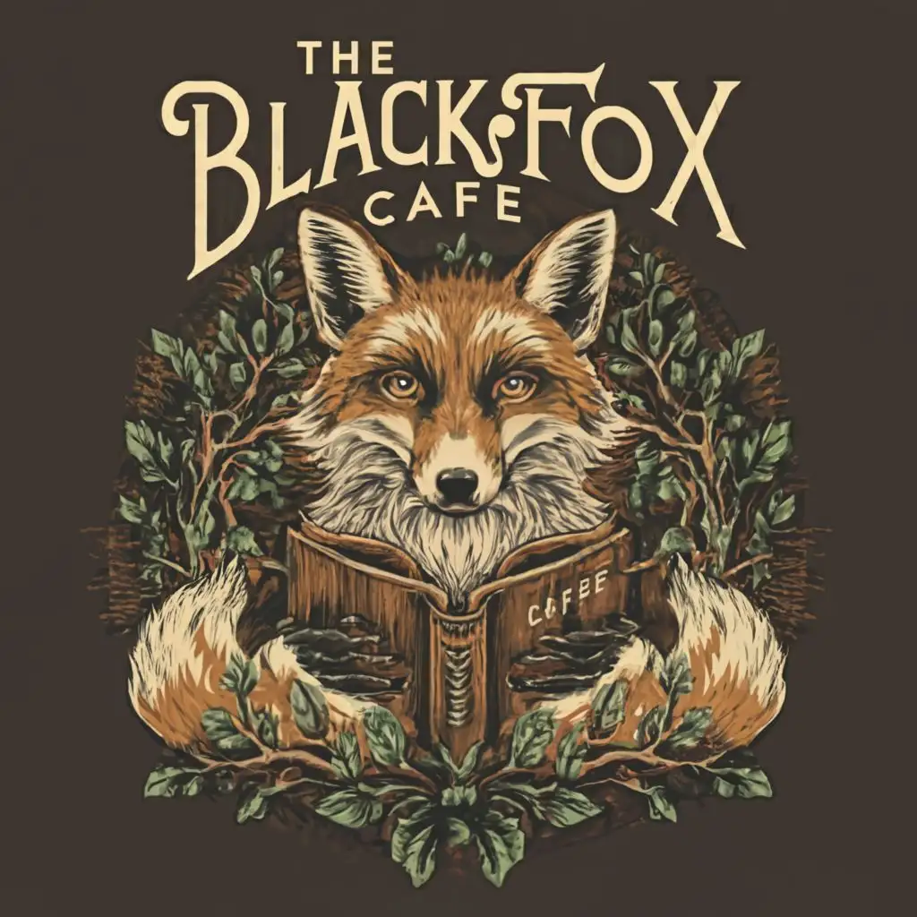 logo, Detailed Black fox, Book, coffee with the text "The Black Fox cafe", typography