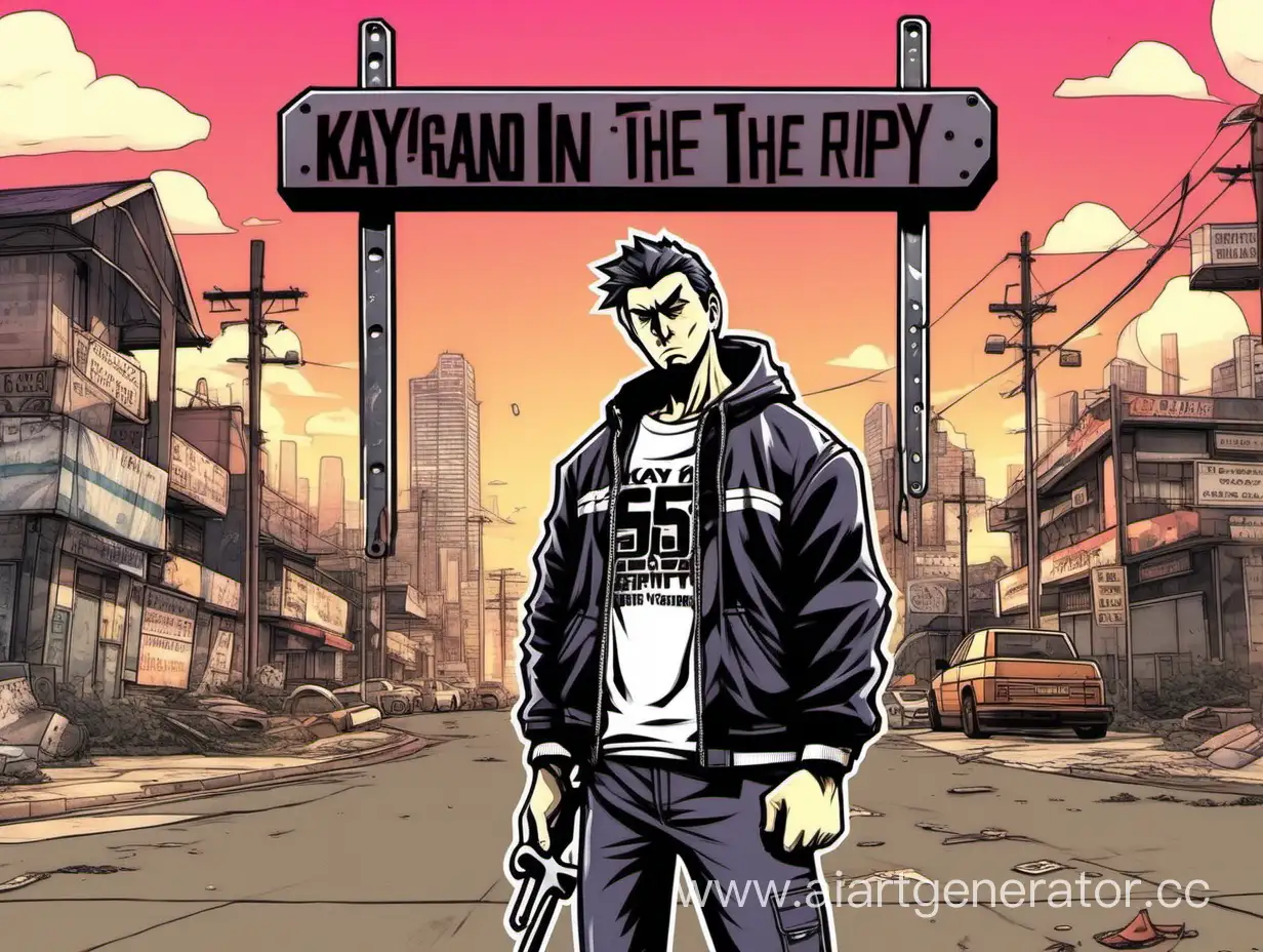 грустный аниме человек стоит с гаечным ключем к руке перед ним надпись kay
в стиле логотипов 5 рп  но без намой надписи Grand theft auto
на фоне кресты

