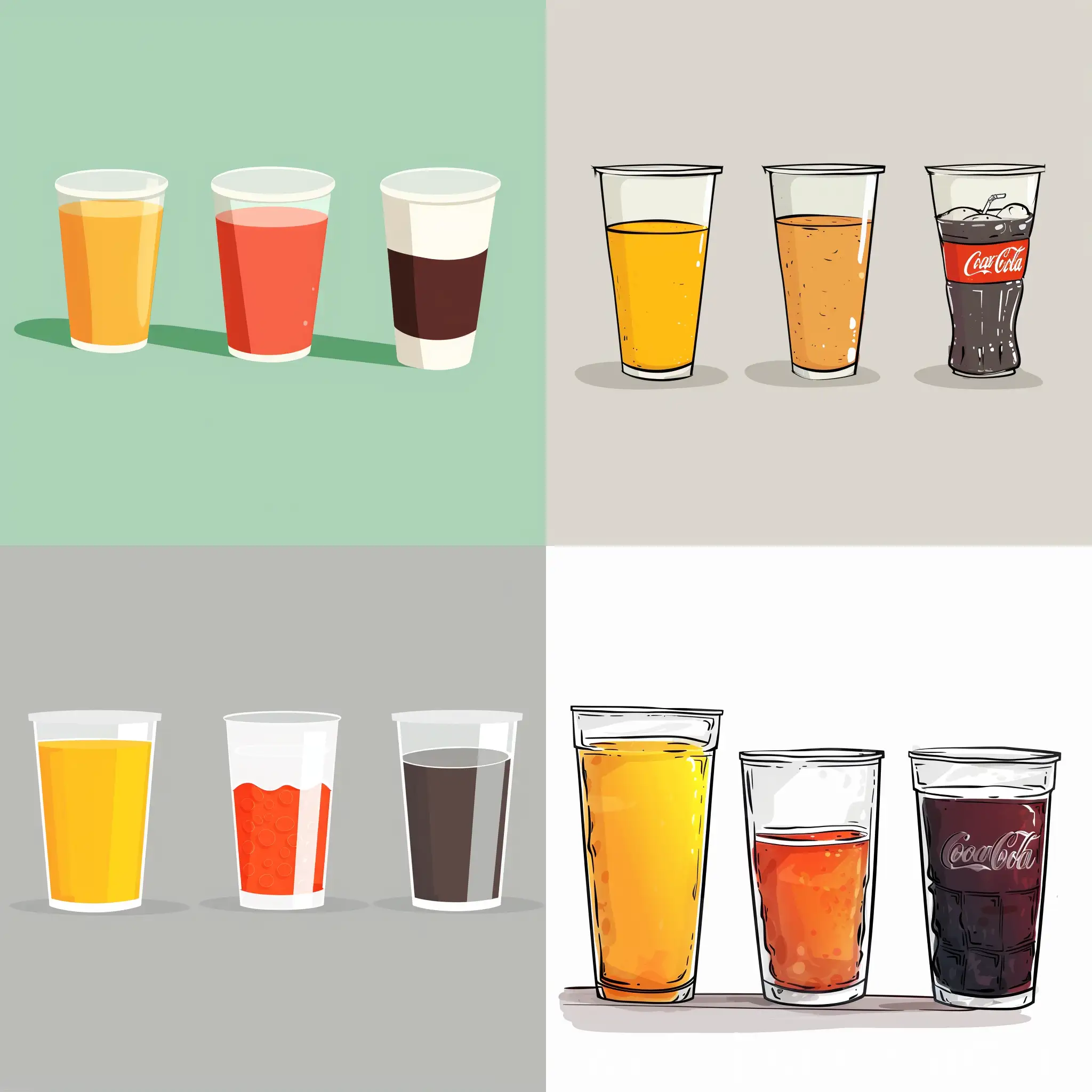 空白的背景有三个隔着一定距离的动画风格的杯子，第一个杯子装着橙汁，第二个杯子装着可乐，第三个杯子什么都没装