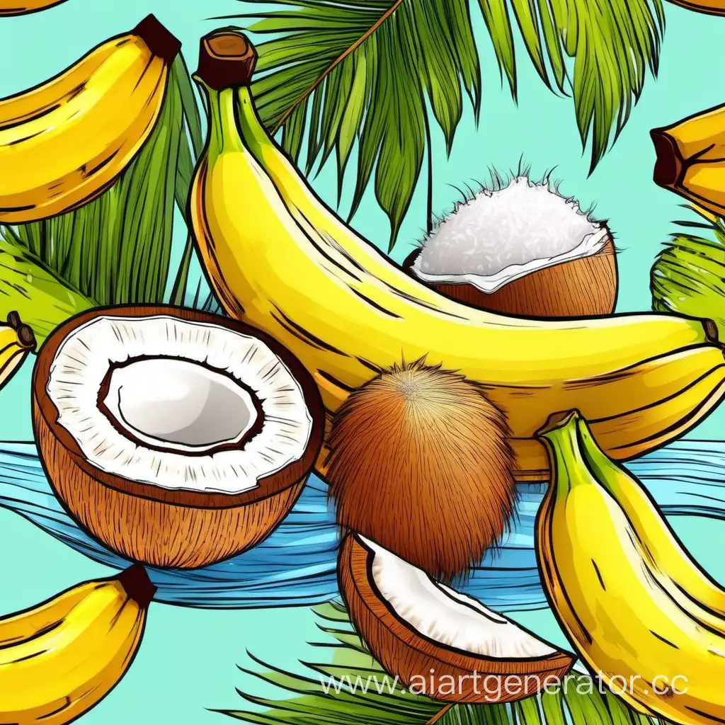 Нарисуй аппетитные банан и кокос. Реалистичный. Яркие краски. 