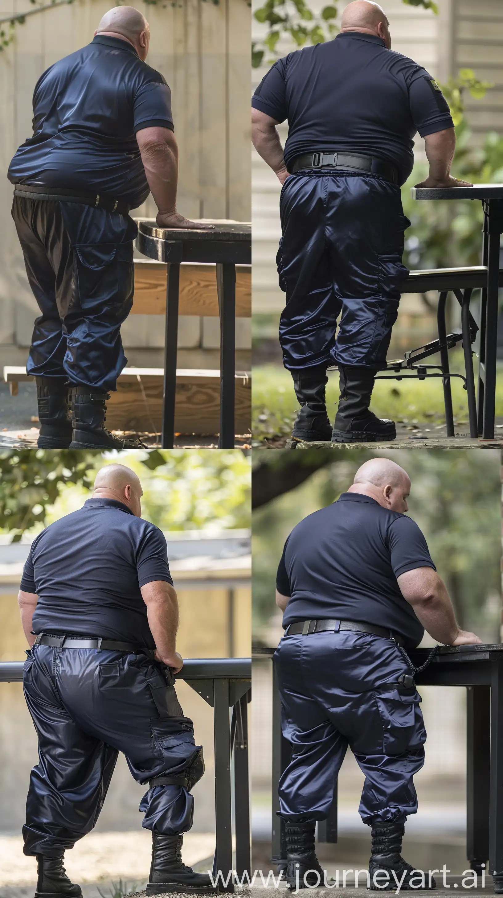 Close-up full body back view photo of a extremely fat man aged 60 standing next to a very high table. The man is wearing silk navy tight very stretched out battle pants tucked in black tactical boots, tucked in silk navy sport polo shirt and a black tactical belt. The man is standing straight with his weight leaning on one leg. Outside. Bald. Clean Shaven. Natural light. --ar 9:16