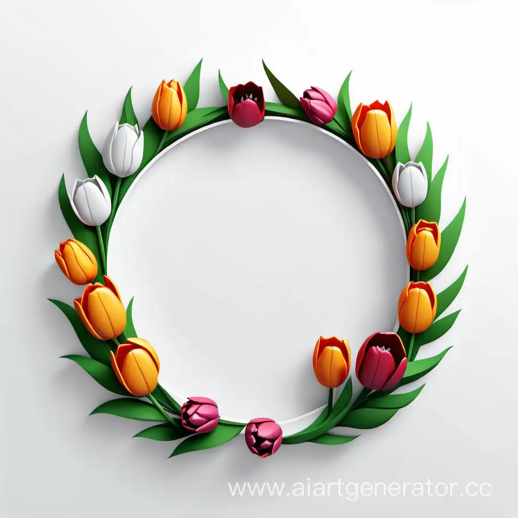 simple icon of a 3D cercle border floral wreath frame, made of border tulip flowers. white background.