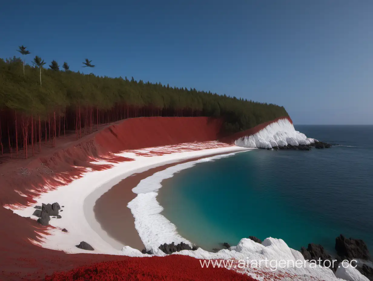 Picturesque-Red-Forests-and-White-Beach-Coastline-with-Red-Ores
