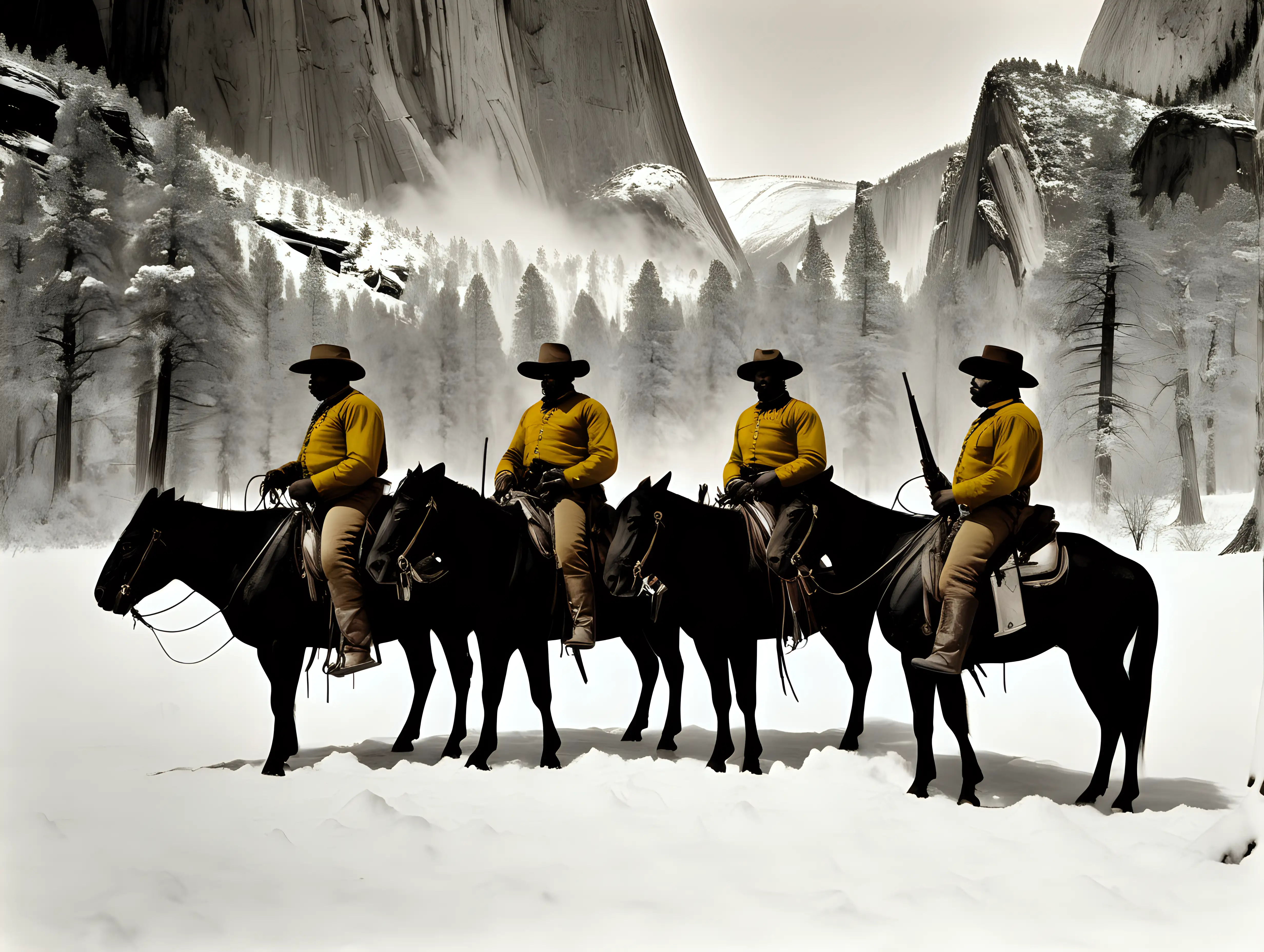 Buffalo soldiers on horseback in the winter hunting buffalo in Yosemite