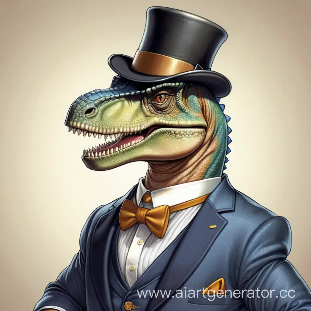 A smiling dinosaur in a business suit with a top hat and pince-nez