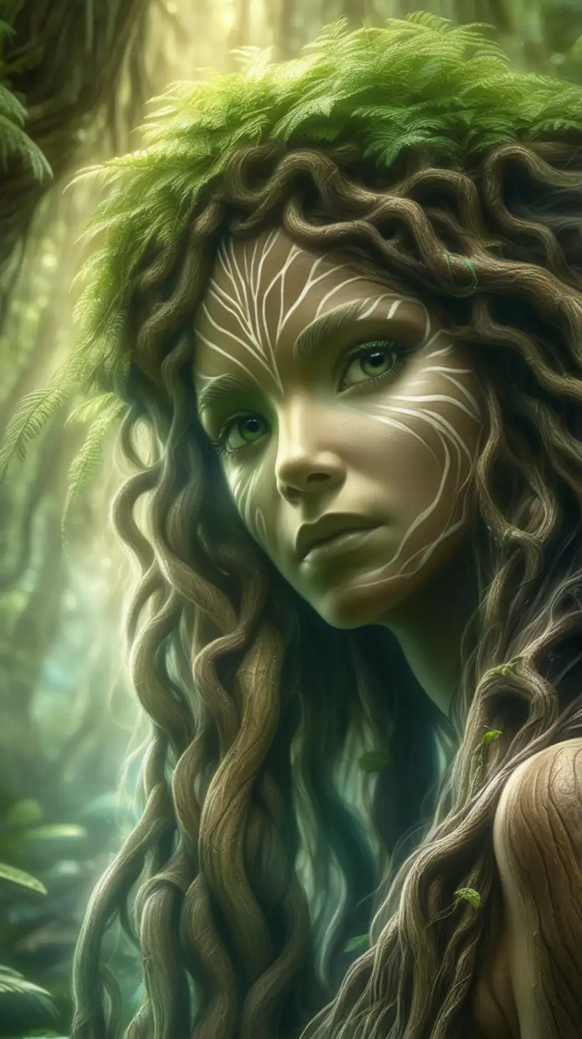 Enchanting Tree Spirit Captivating Woman in Rainforest with RootConnected Hair