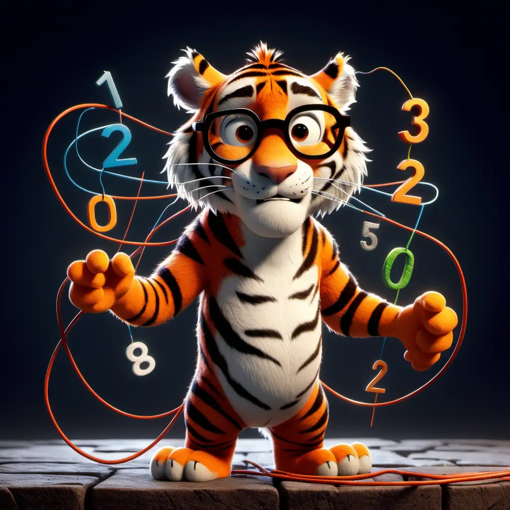 pixar character tiger with glasses playing with numbers and cables that wants a drink

