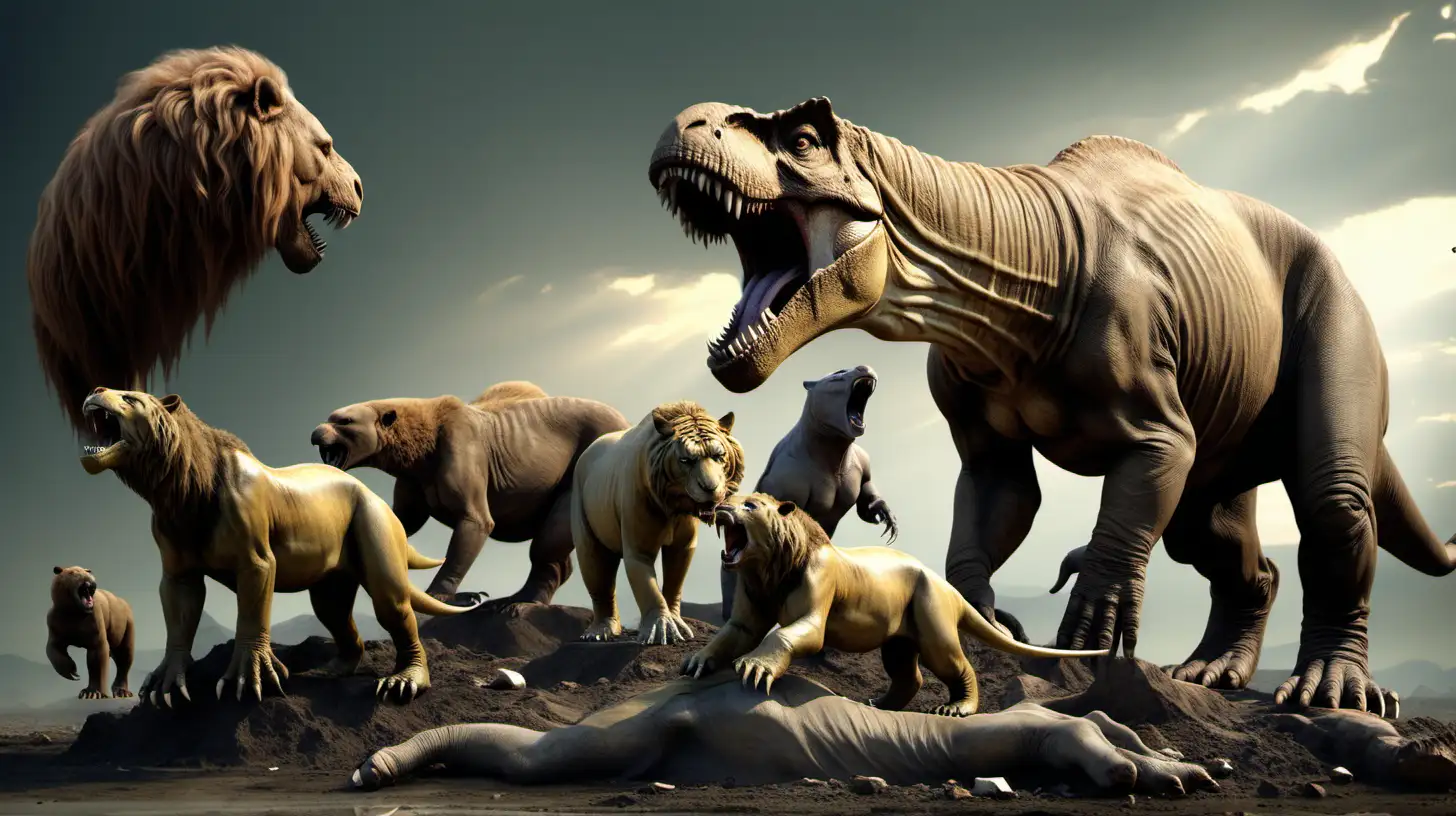 T rex standing on the dead lion, elephant, grizzly bear, tiger