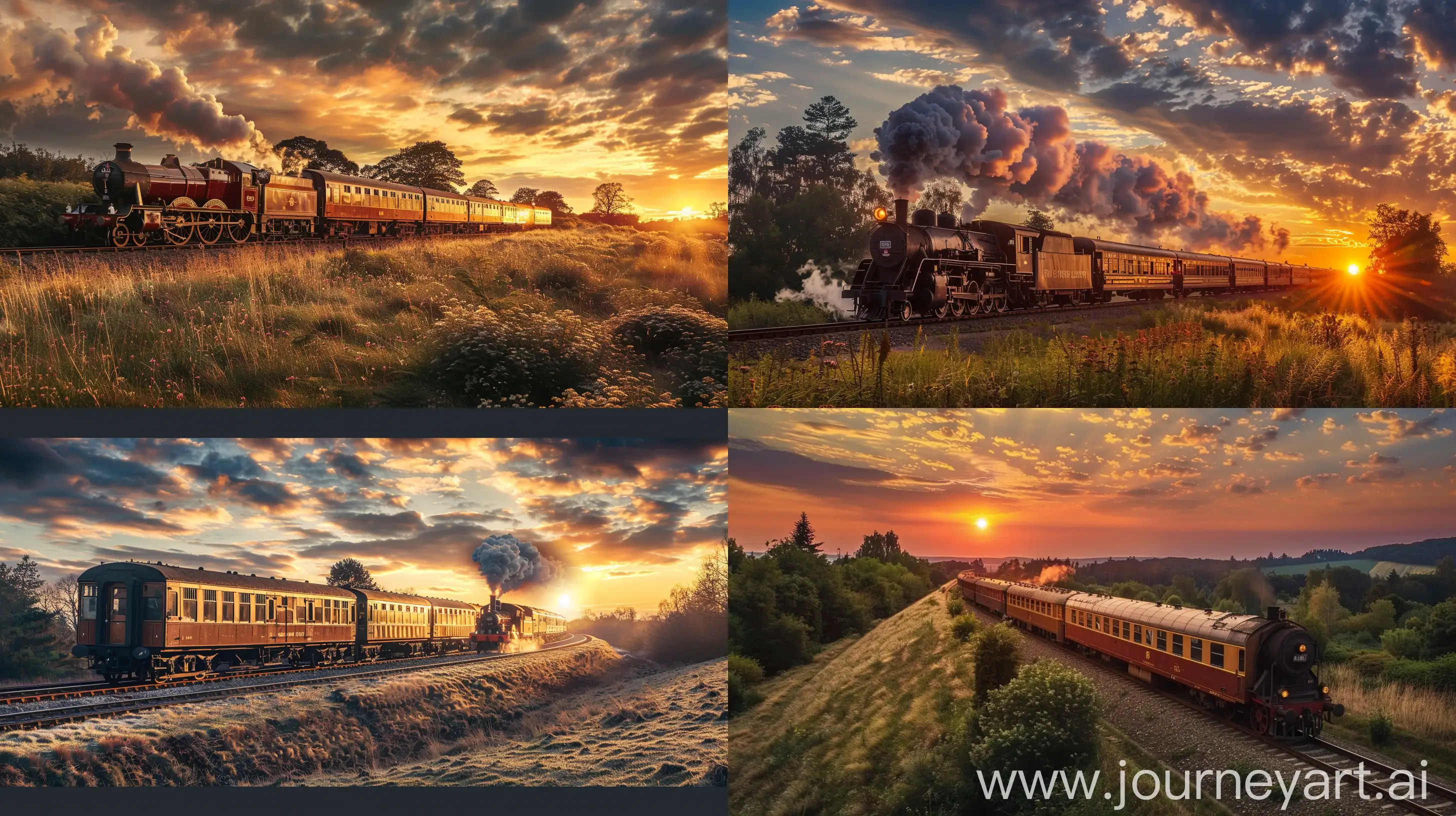 Photo of a victorian train in the country side with stunning sunset --ar 16:9 --v 6.0