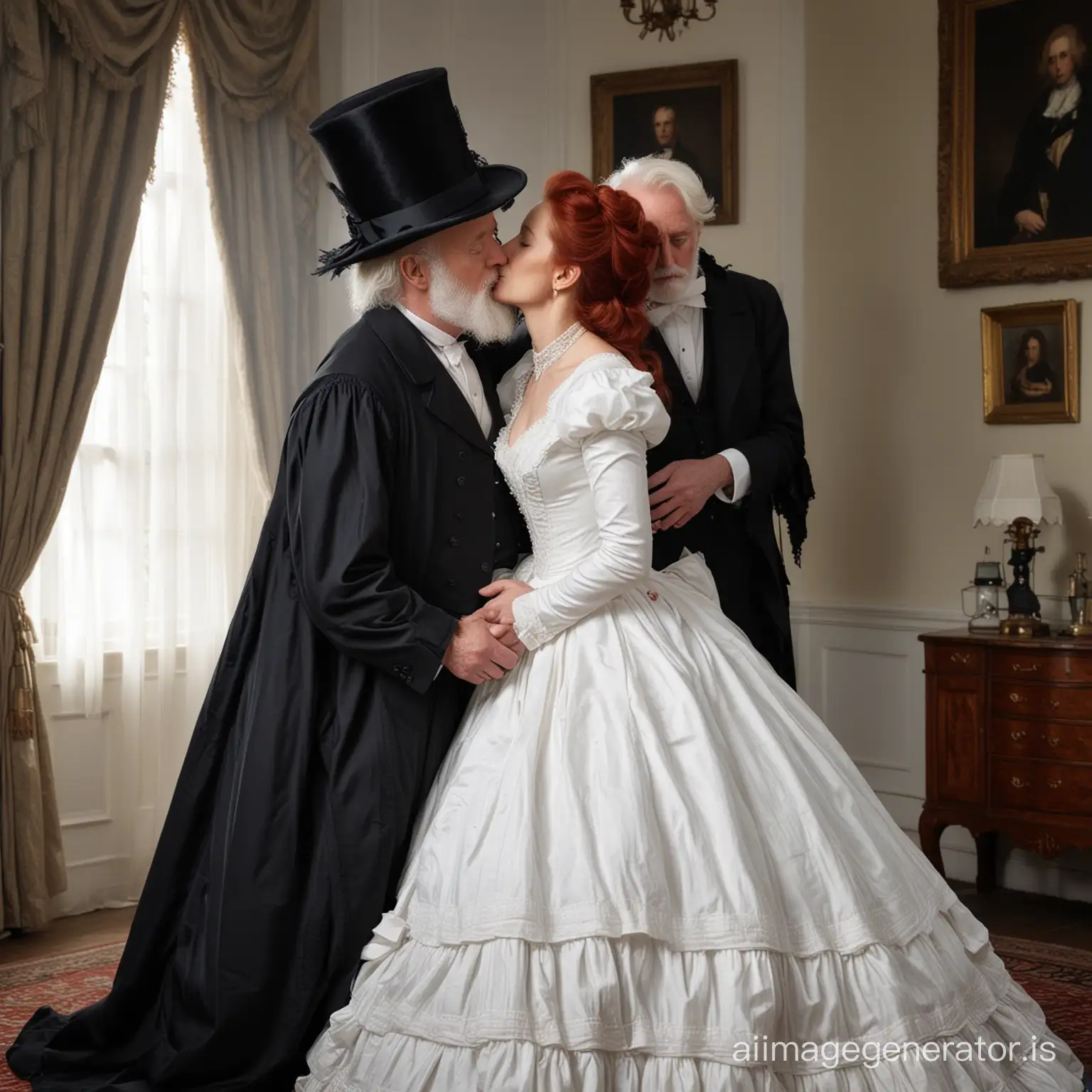 red hair Gillian Anderson wearing a poofy black floor-length loose billowing 1860 Victorian crinoline dress with a frilly bonnet kissing an old man who seems to be her newlywed husband