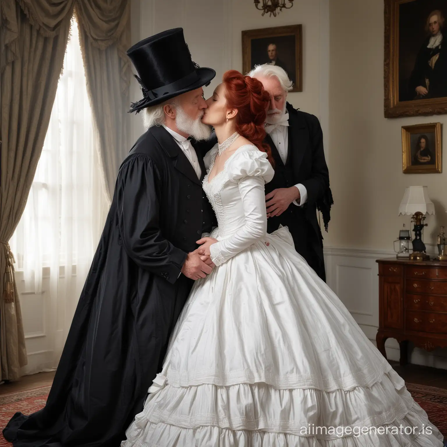 red hair Gillian Anderson wearing a poofy black floor-length loose billowing 1860 victorian crinoline dress with  a frilly bonnet kissing an old man who seems to be her newlywed husband
