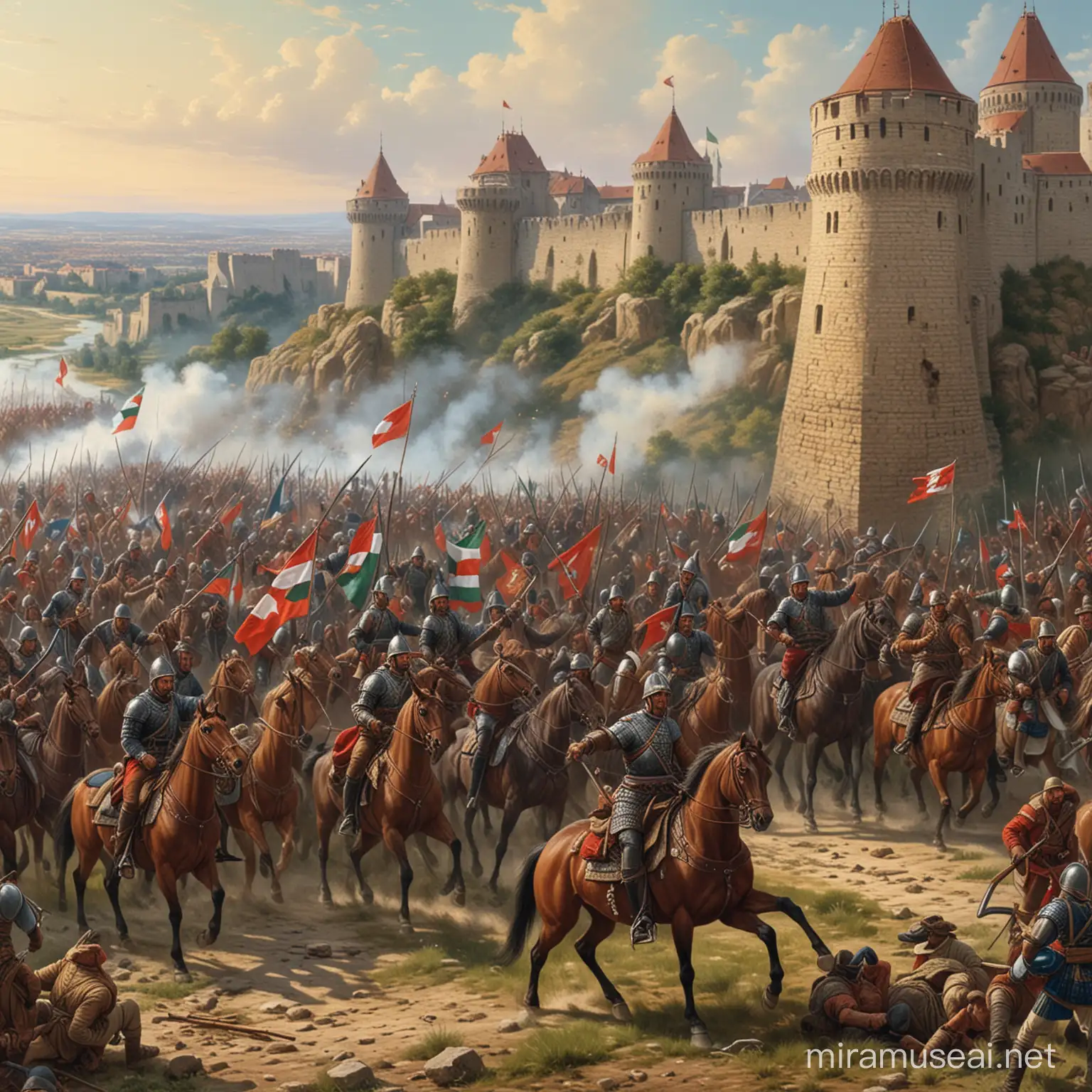 Hungarian Soldiers Defending Castle Walls Against Turkish Siege