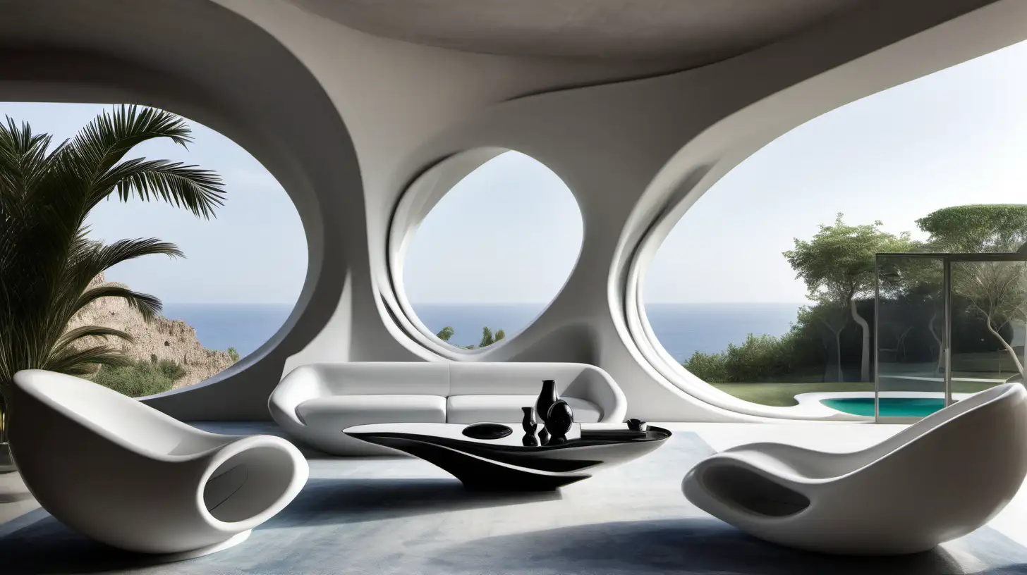 a tropical Sicily living room influenced by the works of 
Zaha Hadid