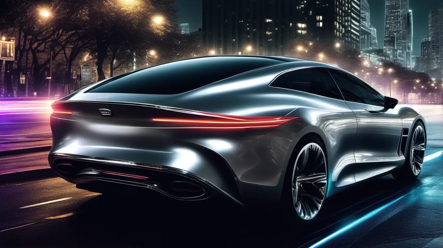 A sleek silver car gliding through a cityscape at night, its polished exterior reflecting the neon lights of the urban landscape.