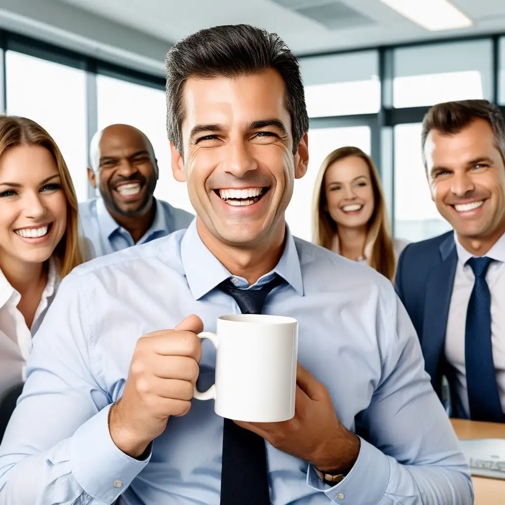 Generate a image of a beautiful office men mid 40's. laughing with her coworkers.  Holding a white ceramic mug, the mug must  not have any design