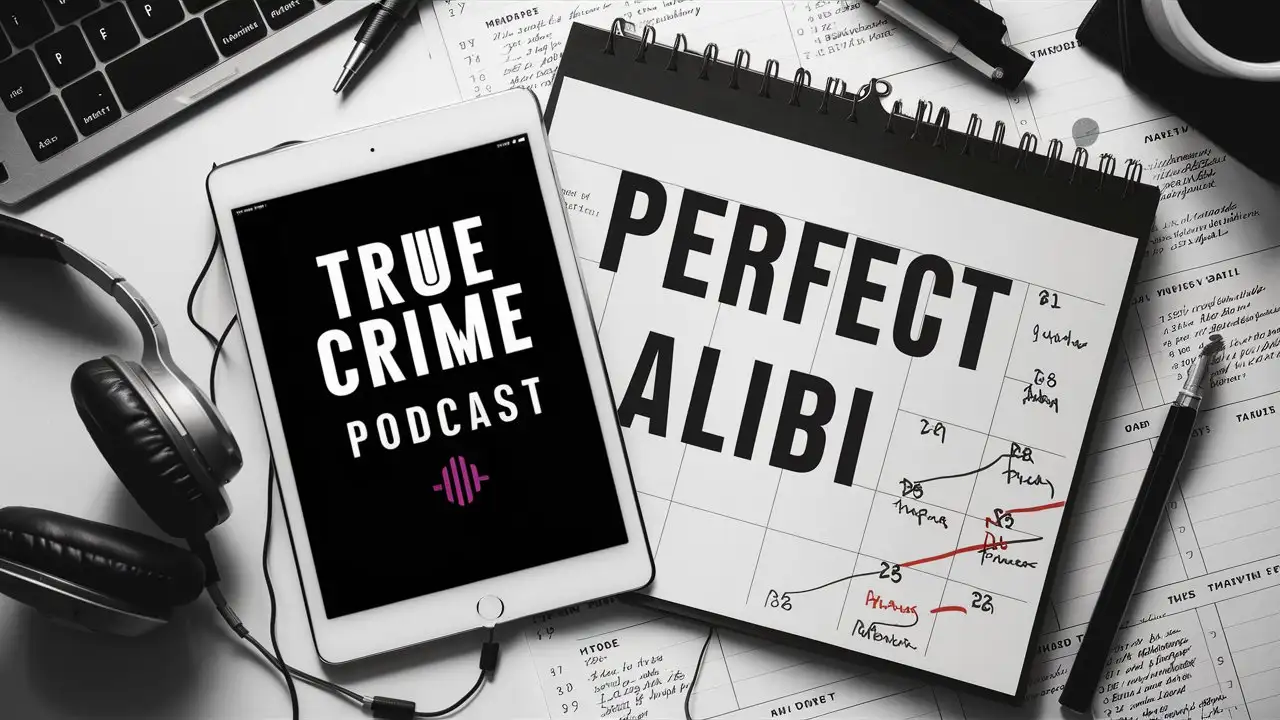 Imagine a scene where there is a tablet or smartphone on the desk with the words "True Crime Podcast" displayed on it.  Headphones are connected to the device, suggesting that someone is listening to a podcast.  Next to the device is a calendar with the words "Perfect Alibi" clearly marked.  The calendar has different days marked and additional information entered, suggesting it is used for planning.  The entire scene is focused and clear, and the text on the device and in the calendar is clear and legible.