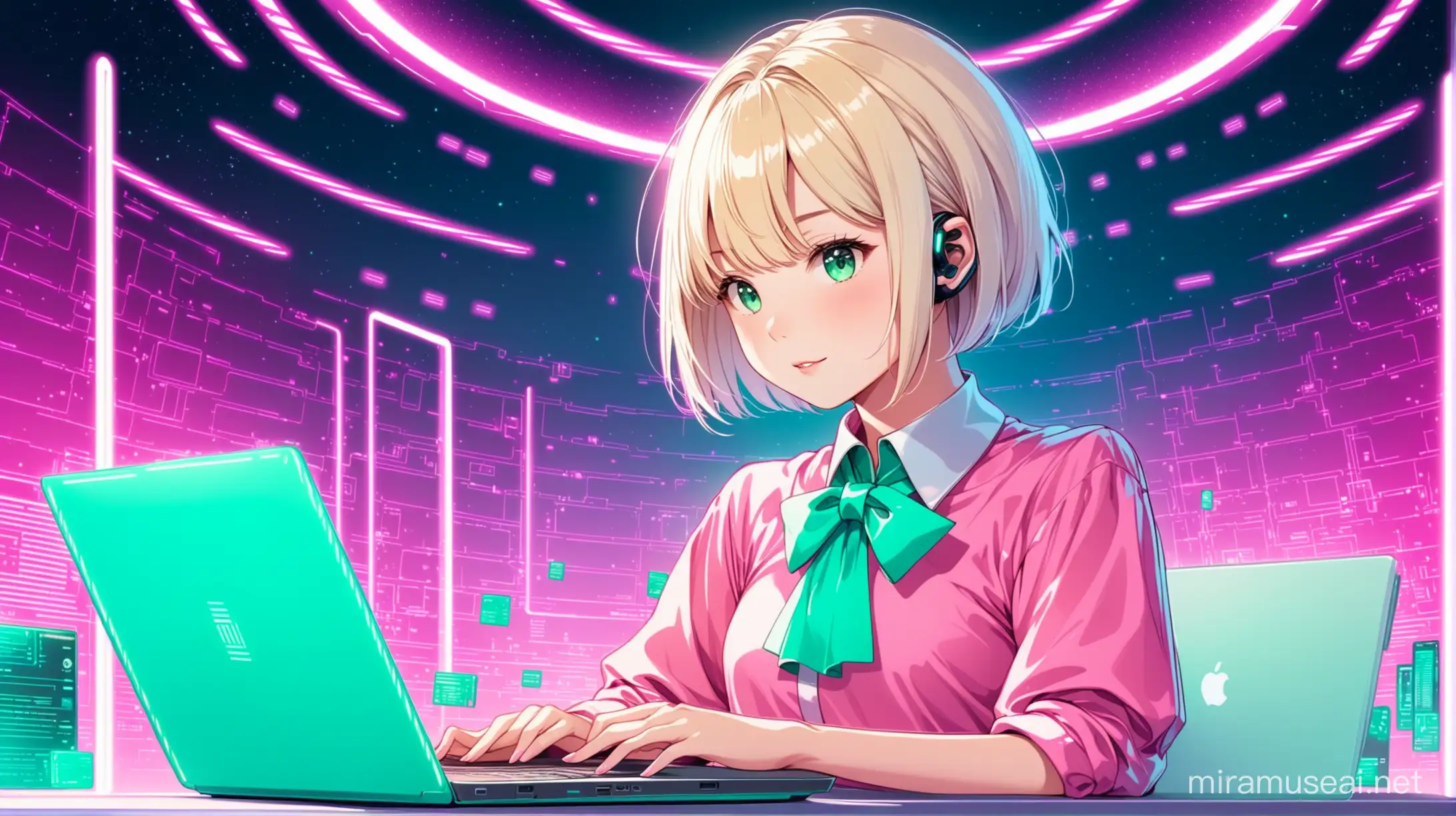 a platinum-blonde short hair girl wearing pink shirt with cravat works with laptop in futuristic-vibe background with mint color