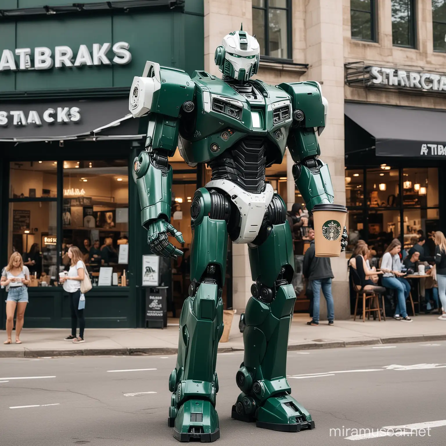 Гигантский робот бренда Starbacks, темно зеленого и белого цвета,  Держит чашку кофе, раздает кофе прохожим, 
