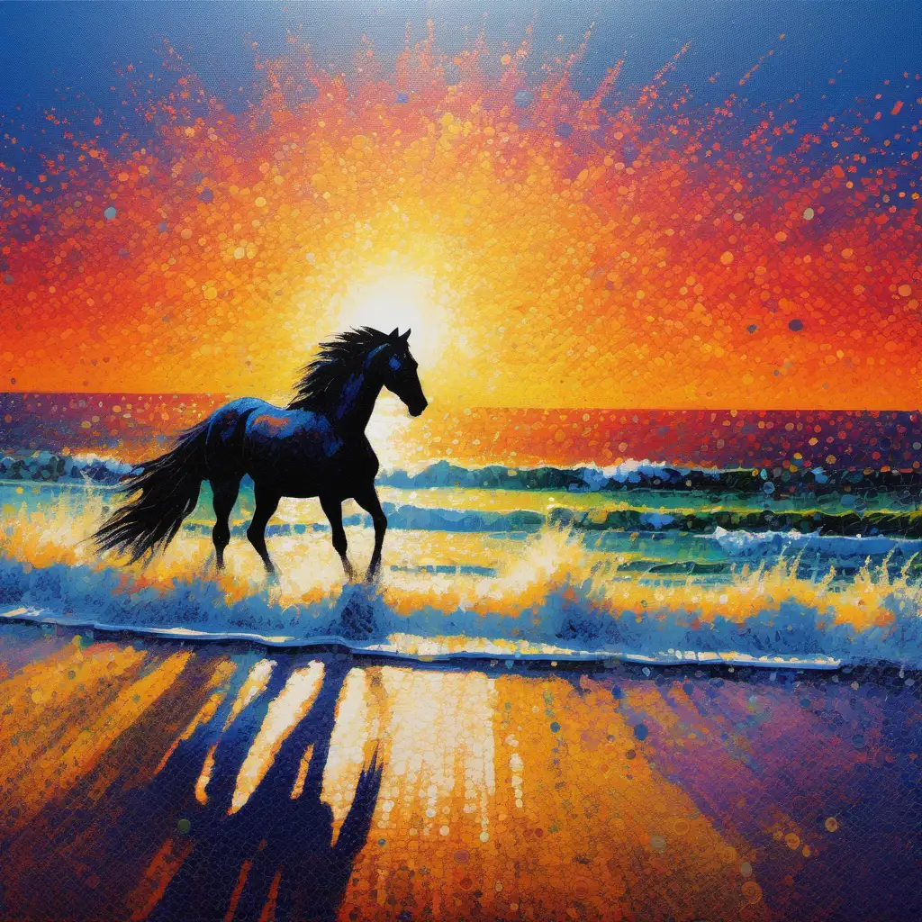 impressionist interpretation of a sunny beach with bold colors and distinct brushstrokes, pointillism technique, vibrant, textured, atmospheric, the silhouette of a horse 