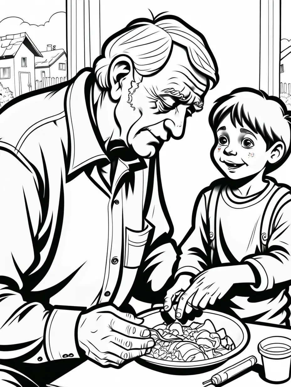 Colouring book for children, older man feeding poor child, cartoon style thick outlines, low detail, no shading,