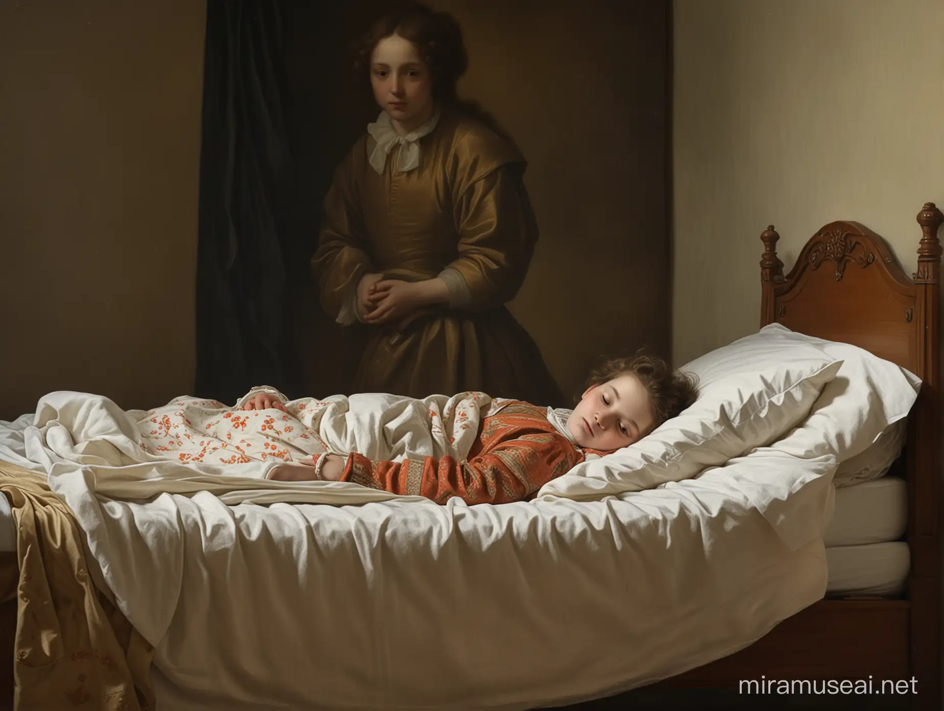 a child on their deathbed in a style of 17th century painting