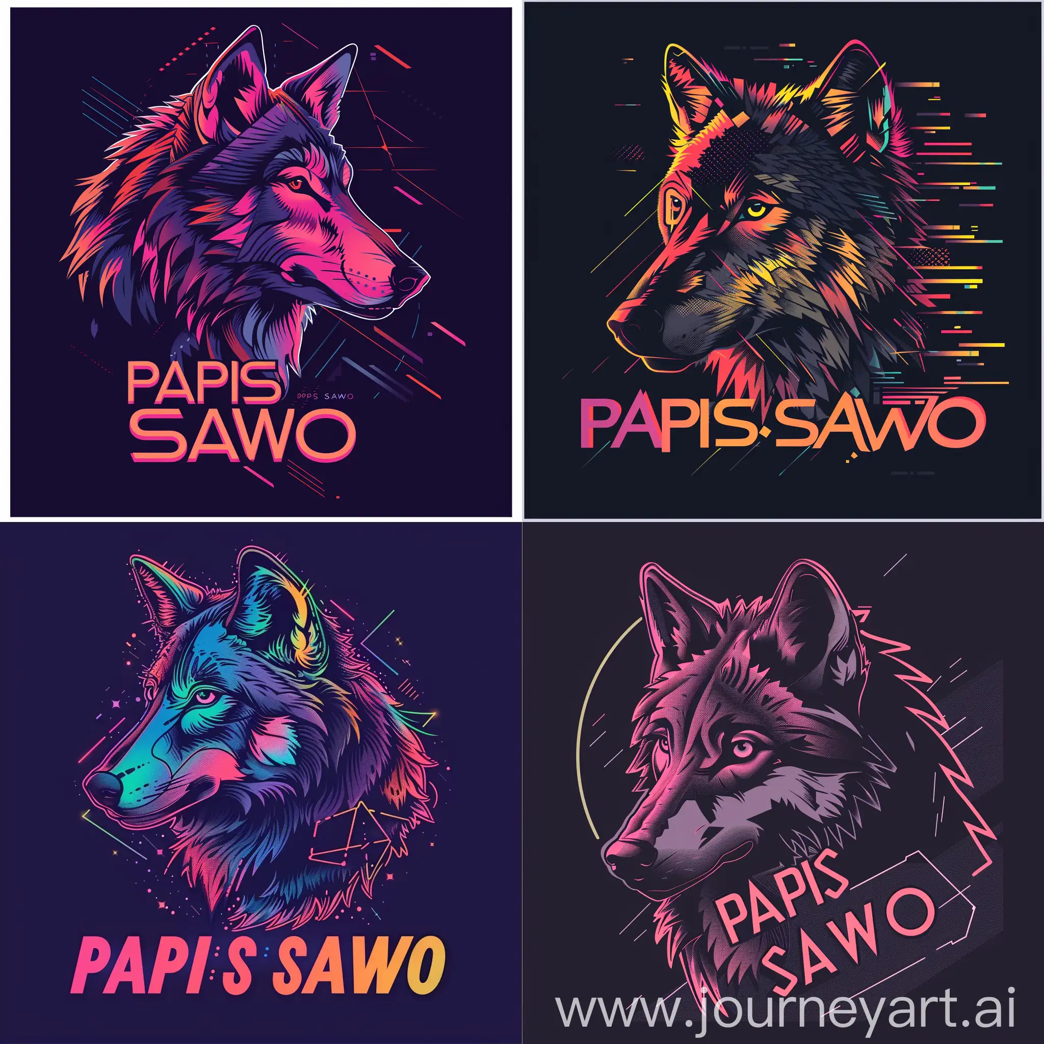 Логотип со словами "PAPIS SAWO", стилизованный волк в техно стиле, волк смотрит в сторону в стилизованном графическом виде с геометрическими формами и цифровыми элементами, чтобы подчеркнуть техно-стиль логотипа, неоновый шрифт для надписи "PAPIS SAWO", добавит эффектного контраста и привлечет внимание к логотипу, --s 150
