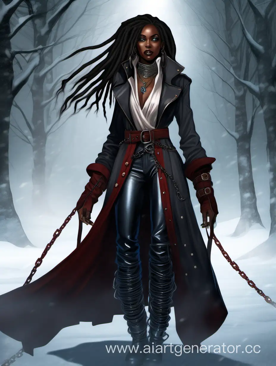 A winter outfit concept, fantasy style, a dark-skinned woman with glowing bluish eyes, dark hair gathered in dreadlocks, a long coat with red button inserts, with a wide belt, black pants and high boots, the Middle Ages. Translucent chains are wound around the forearms of the hands.