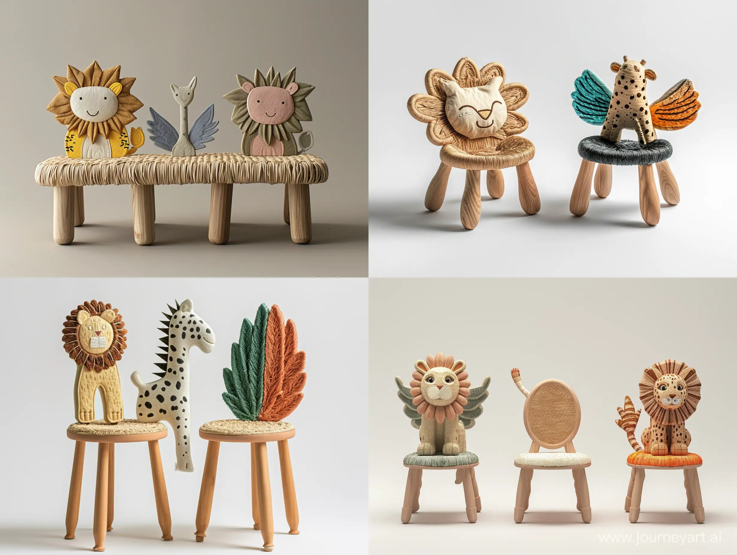 imagine an image of a minimal sturdy children’s  chair inspired by Children's drawing of cute safari animals like cute lion or zebra or griffin or cheetah or hippocampus , with backrests shaped like different creatures. Use recycled wood for the frame and woven plant fibers for seating areas, depicted in colors representative of the chosen animals. The seat should stand approximately 30cm tall, built to educate about wildlife and ensure durability.unreal ,realistic style