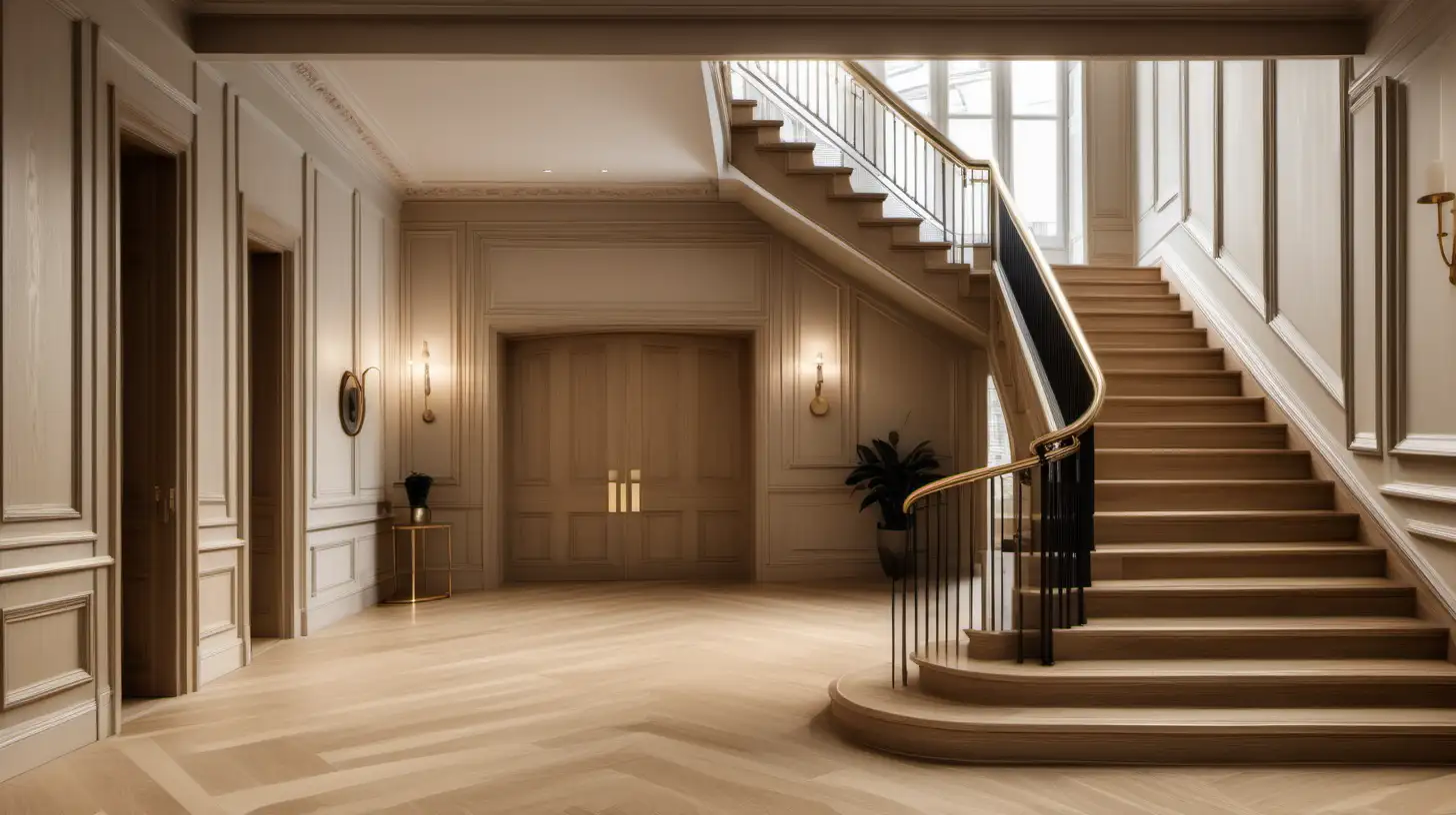 Hyperrealistic Modern Parisian Grand Entrance Foyer with Oak Double Staircase and Brass Balustrade