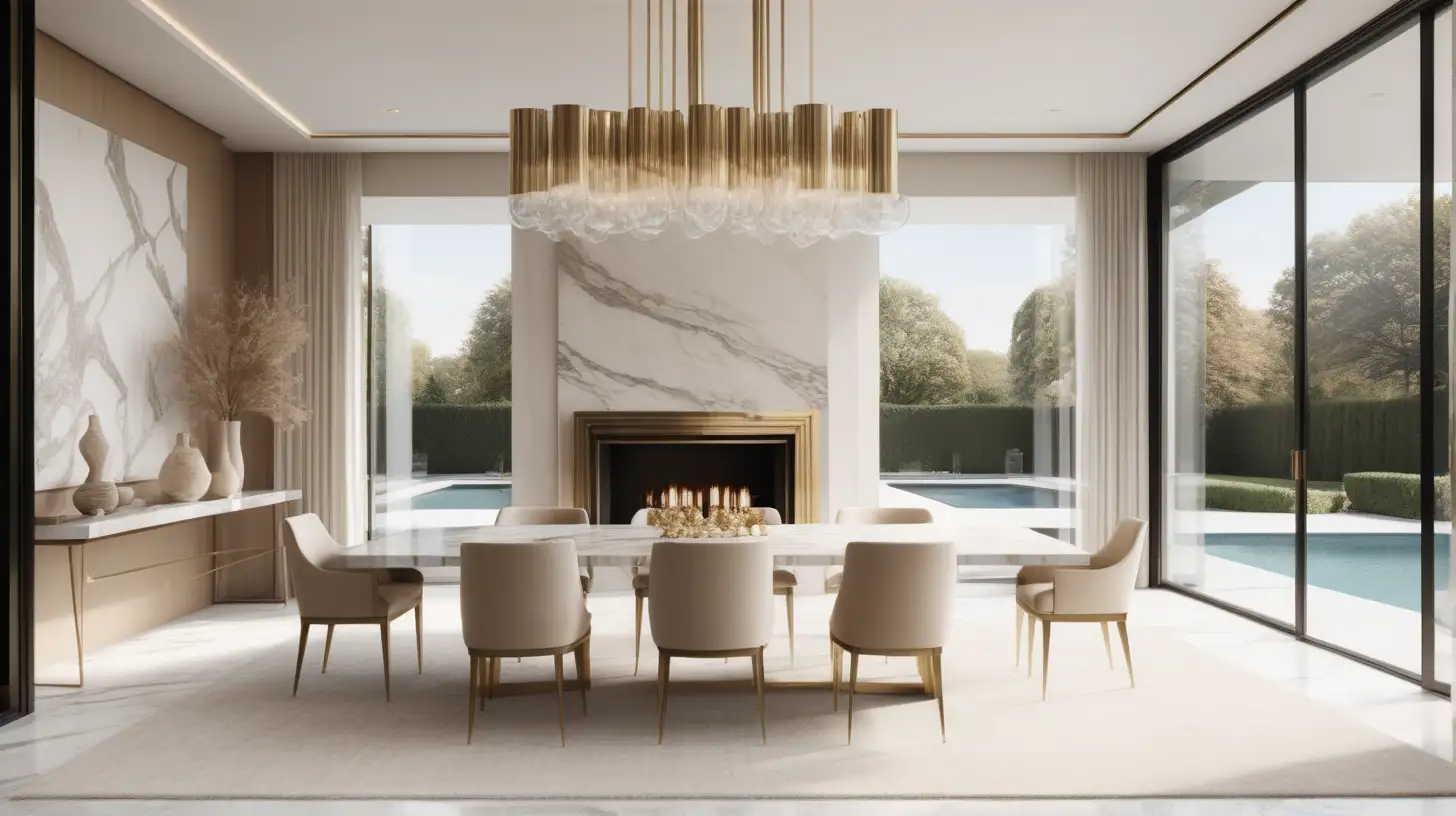 Hyperrealistic image of a modern Parisian estate home dining room; modern glass fireplace on floating marble shelf; modern brass chandelier; floor to ceiling window with a view of the pool;  beige, light oak, brass, ivory colour palette