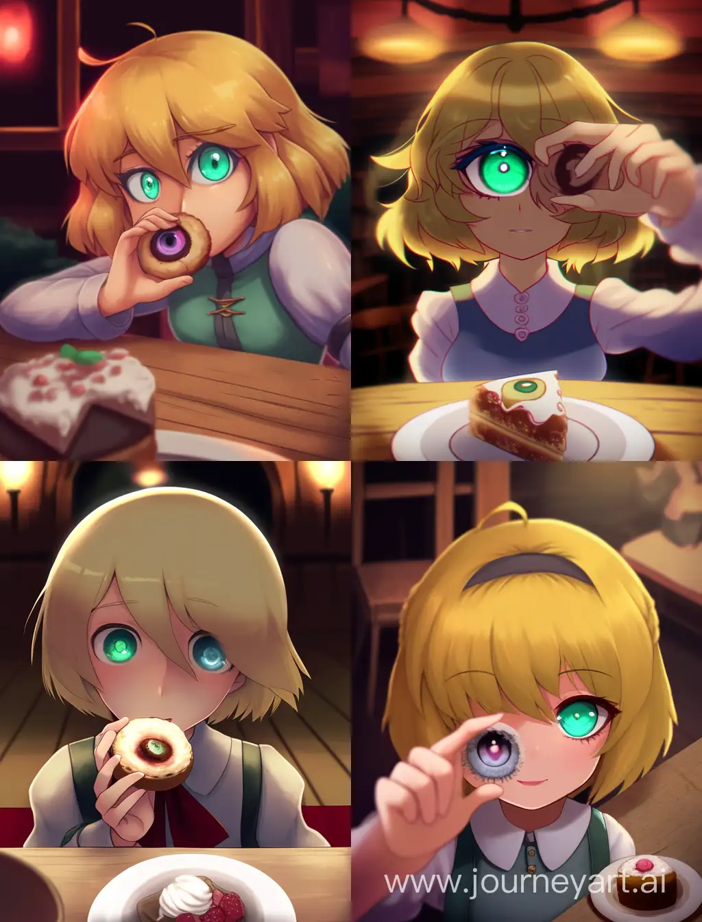 A level eye of A girl with short golden hair and green eyes with a glowing white circle eats a piece of cake with her hand in an old wooden restaurant and the background is blurry and dark, focusing on her and her eyes. 