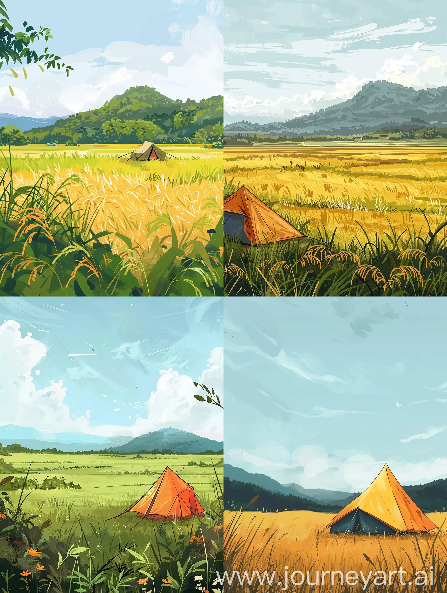 插画风，稻田风景，平原，露营