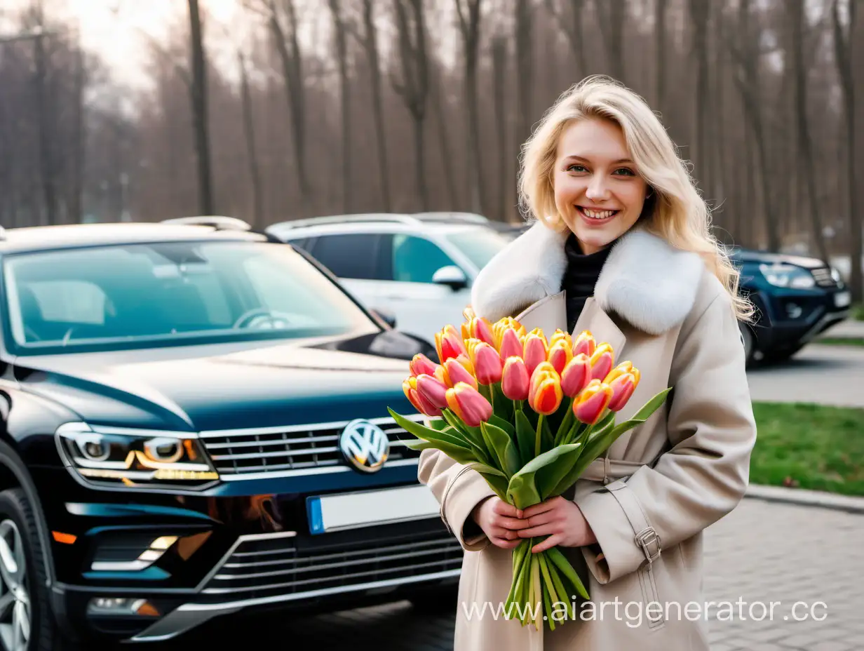 женщина блондинка, одета в пальто с меховым воротником, улыбается, держит в руках букет тюльпанов, на фоне автомобиля Volkswagen Tiguan