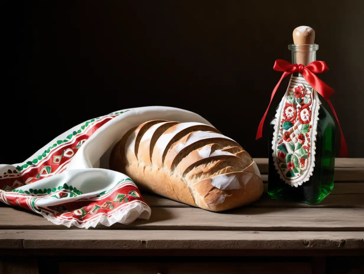 there is fresh bread on a wooden table, there is a silk ribbon with red white green colors in this order, there is a robe with Hungarian folk embroidery on it, there is an old whine bottle on the table