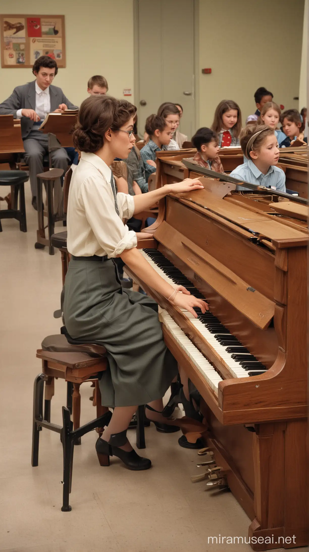 Woman teaching music to a classroom of students at a public school circa 1965. The teacher is seated on a piano bench and  playing  a natural wood color upright piano. She is facing us. Our view is from behind the students.  The students are seated on the floor in 4 rows with their back to us. The teacher has two arms. In the Style of Norman Rockwell   