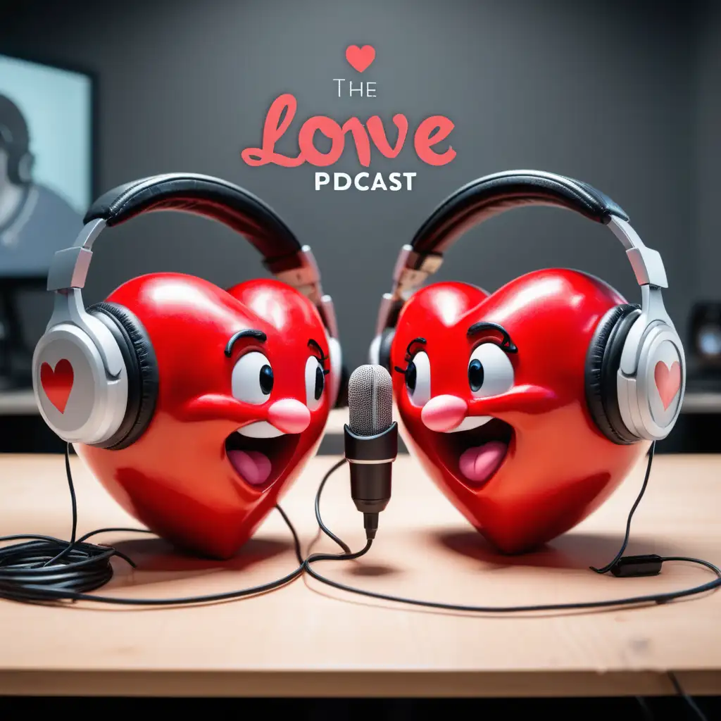 Two hearts with headsets sits in a studio making a podcast about love. They look like Disney characters and the picture looks like a logo for the podcast