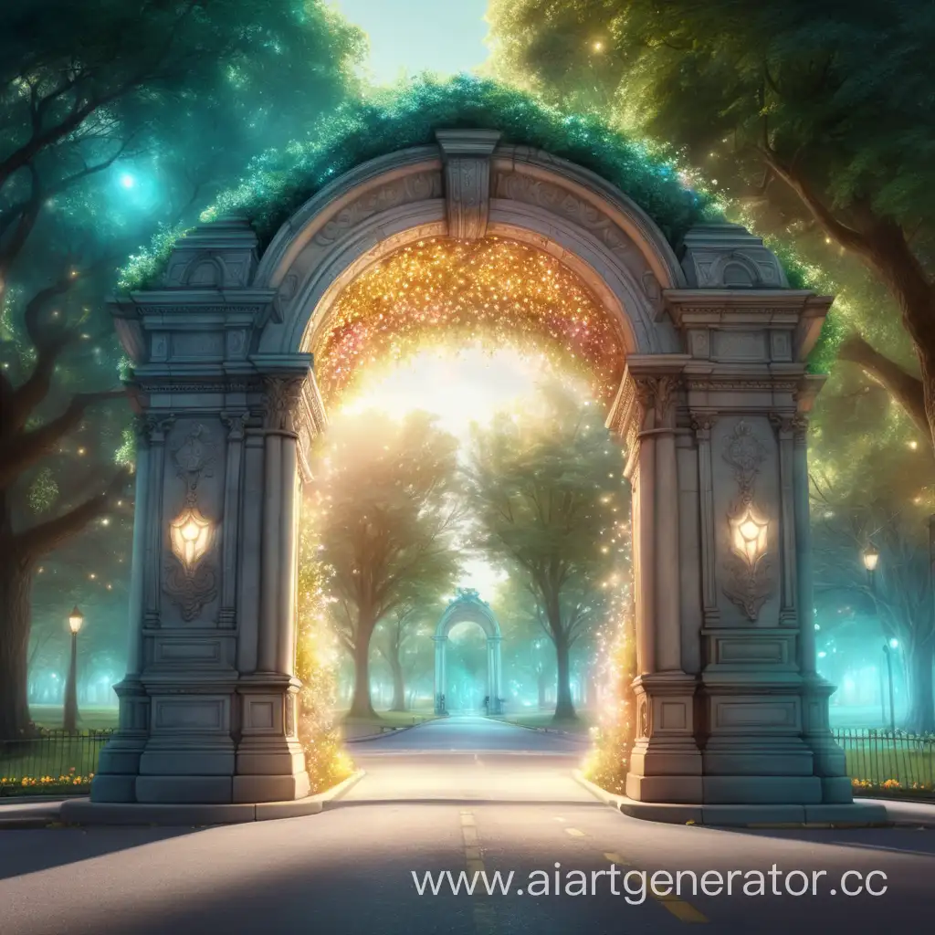 Магическая арка, светиться изнутри ,посреди улицы в парке , день