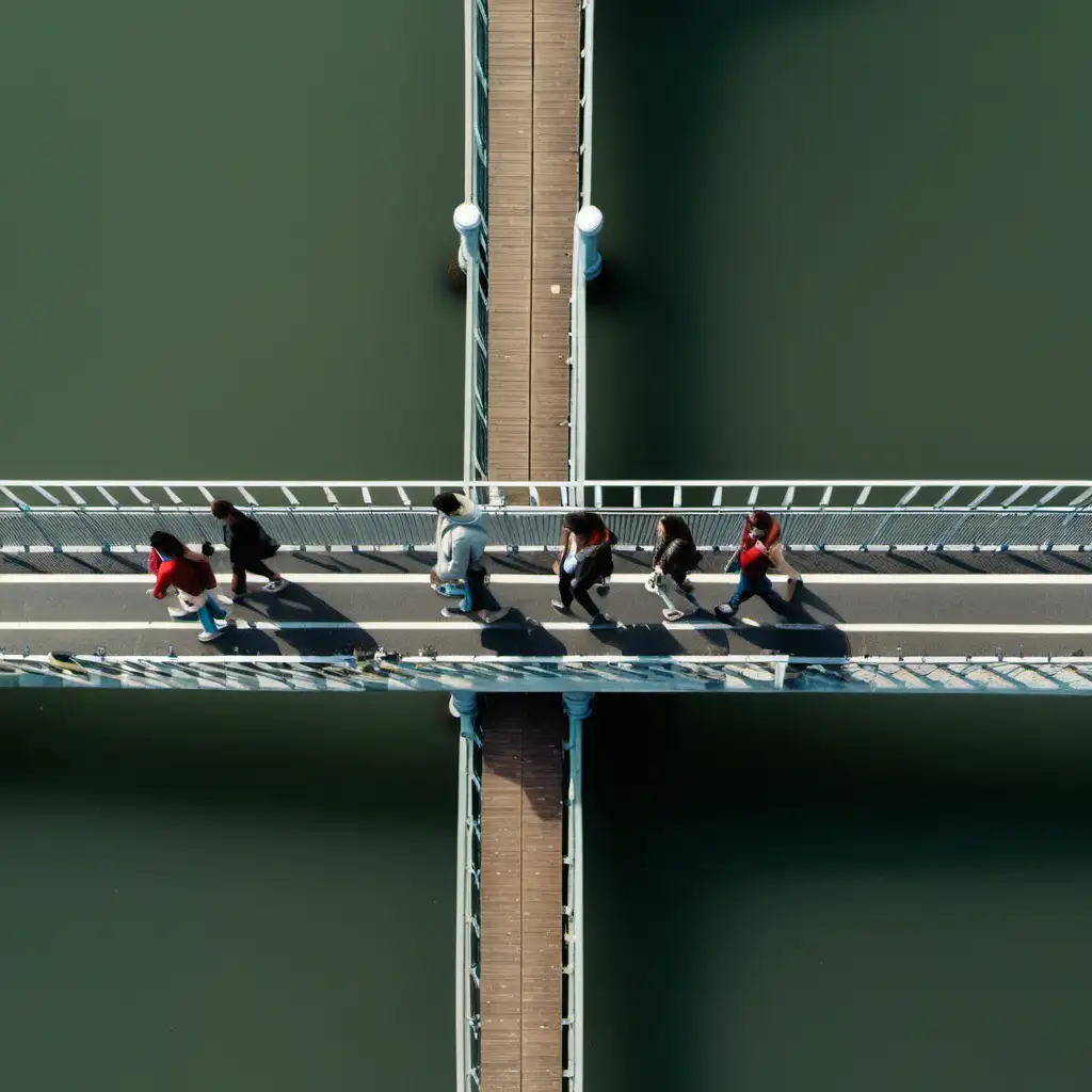 Birdseye view of a group of people walking over a bridge