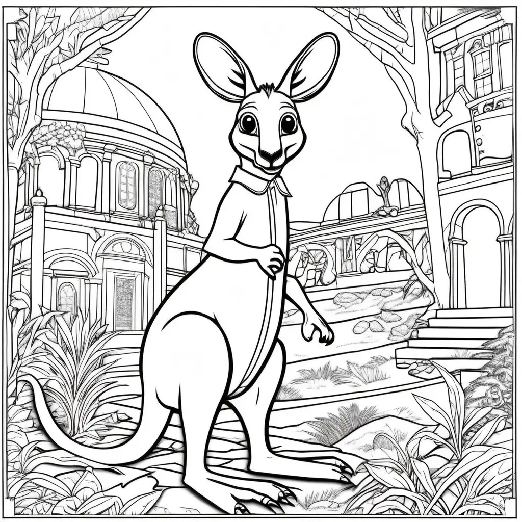 /imagine colouring page for kids, Kangaroo Time Travelers, exploring different historical eras, thick lines, low details, no shading --ar 9:11