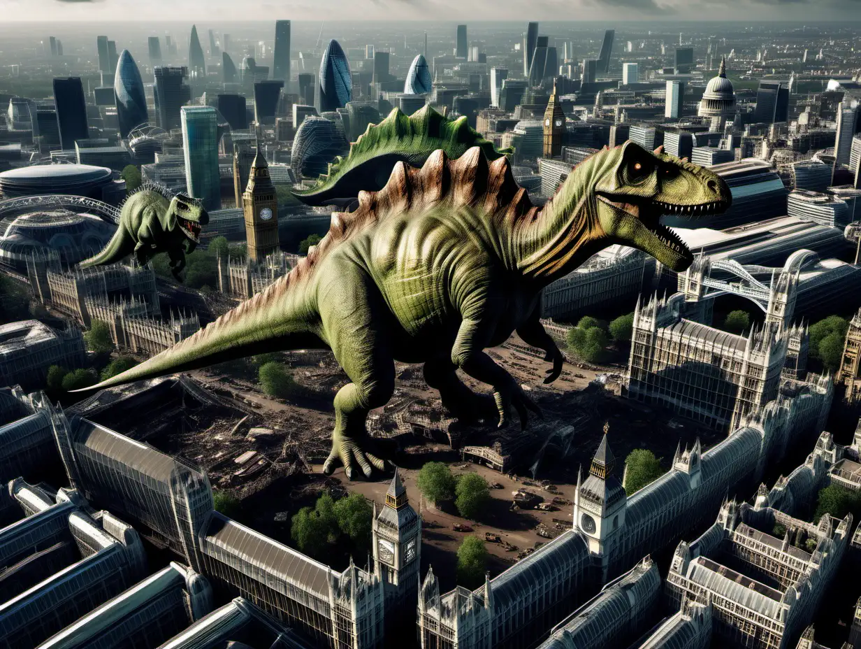 dinosaurs and ogres roaming a decaying London 2000 years into the future as seen from the air