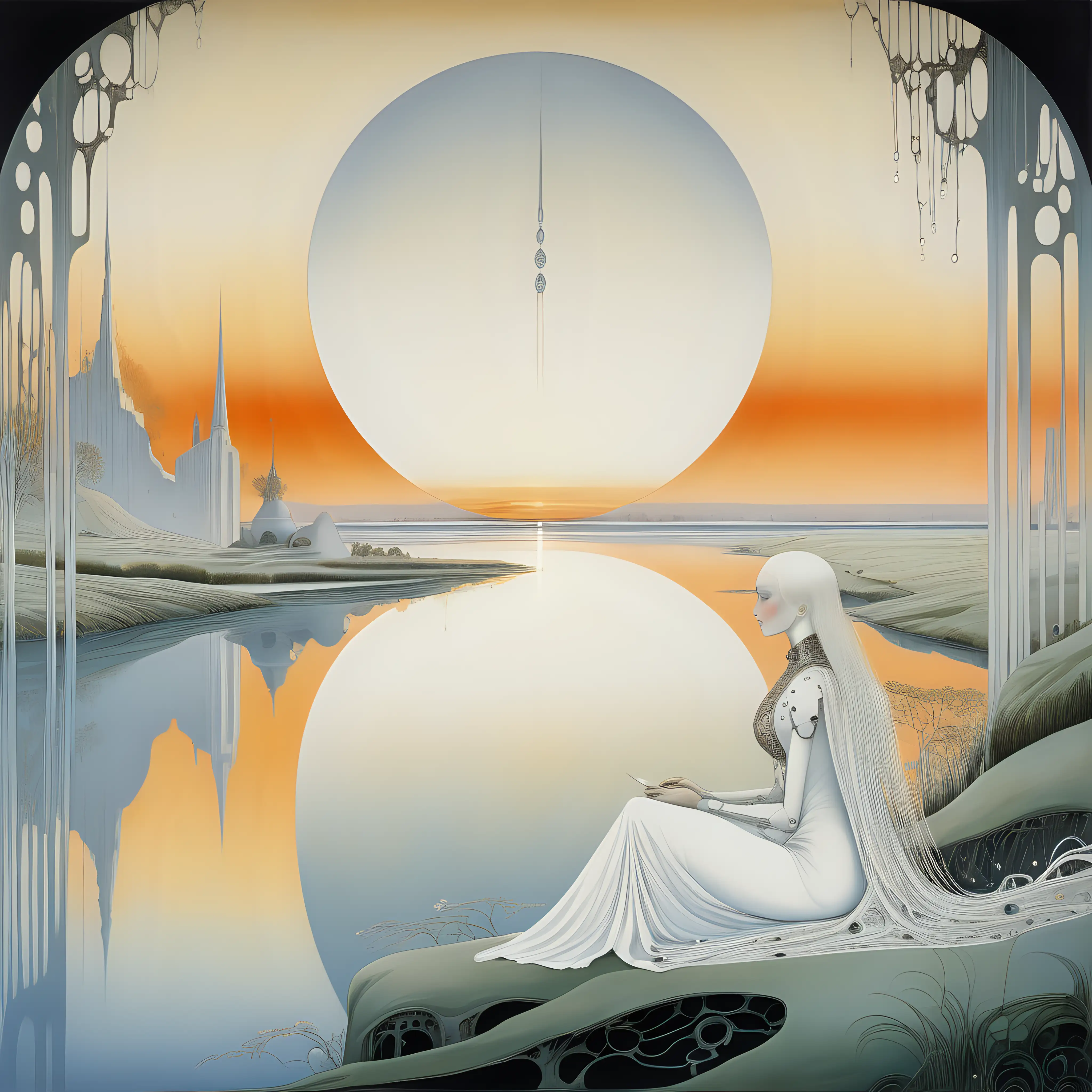 futuristic painting in kay nielsen style of a white man and a white woman sitting by a river watching sunset