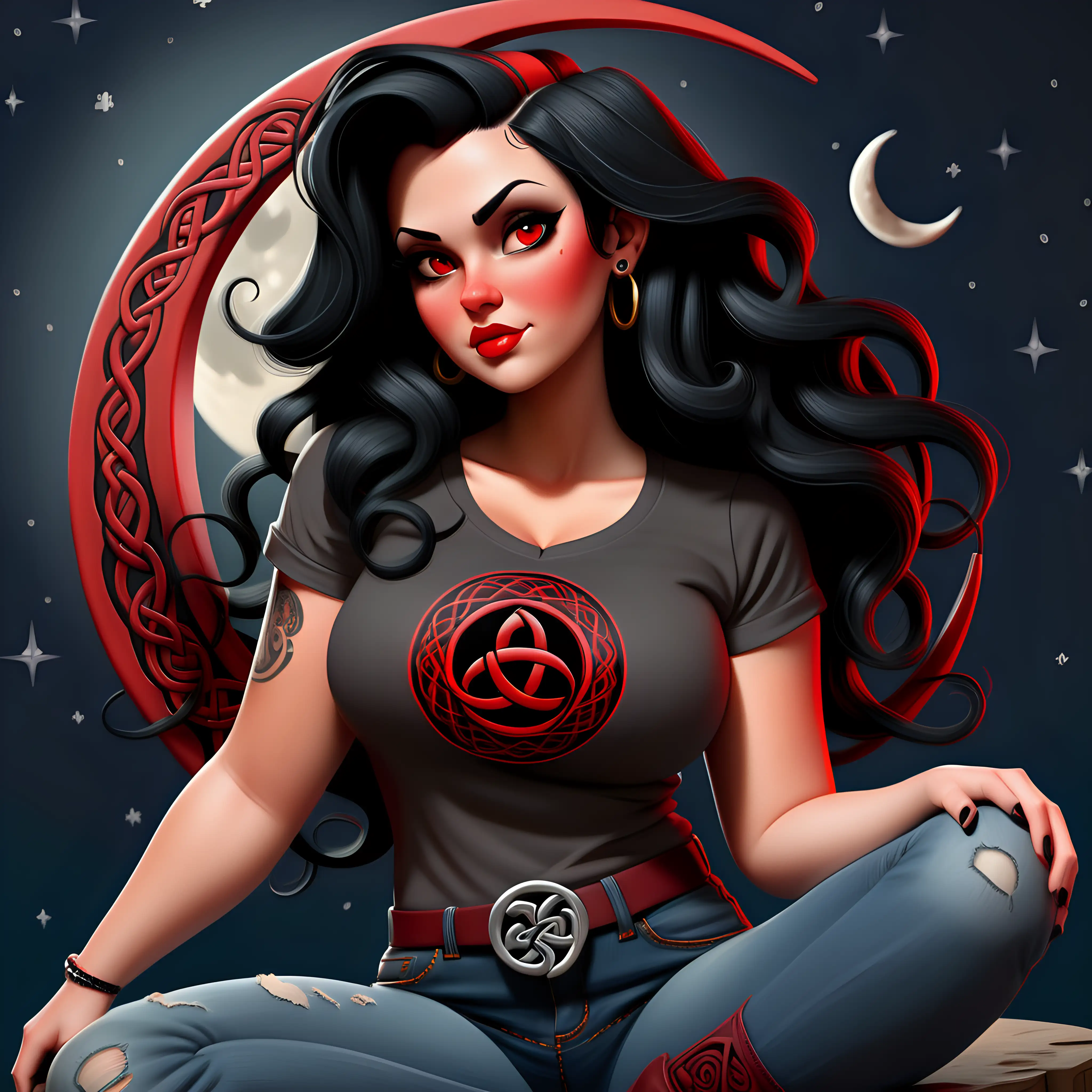 A female long, wavy black hair with red highlights. Brown eyes, small pixie like nose. Plus size body. Rockabilly style t shirt and jeans. Sitting on a cresent moon with Celtic symbols on it. 