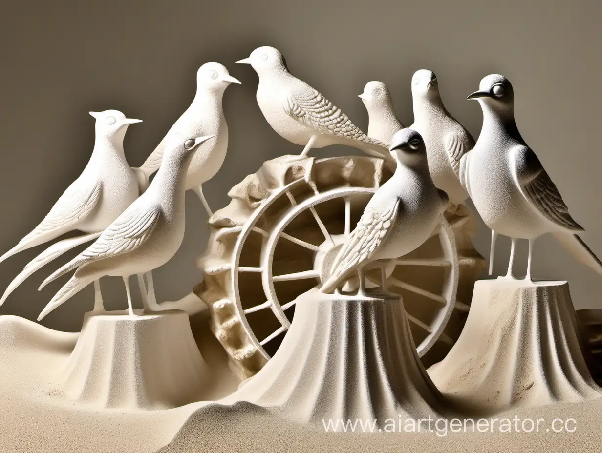 surreal white gypsum figurines of birds, on mill wheels in sand plaster busts, figurines standing in dune