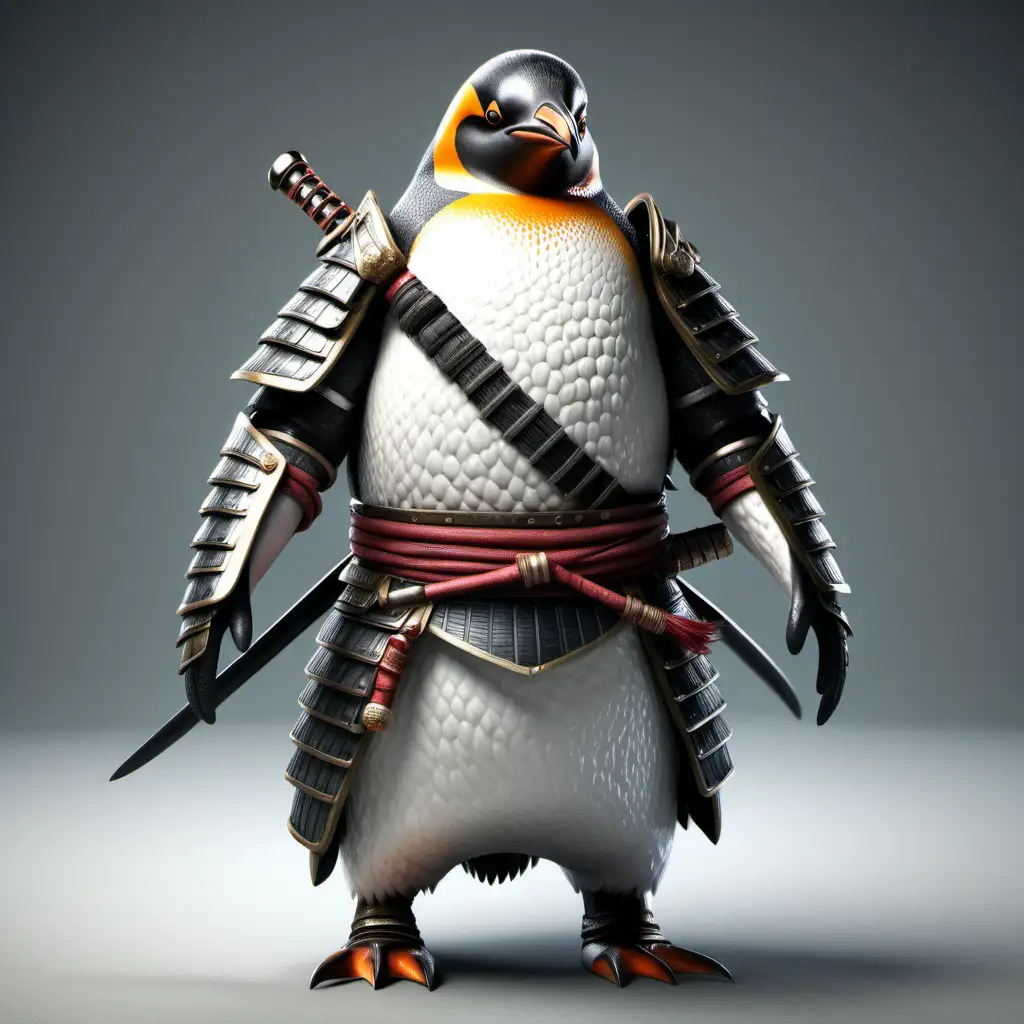 Fierce Penguin Samurai in Armor Grinning FullLength