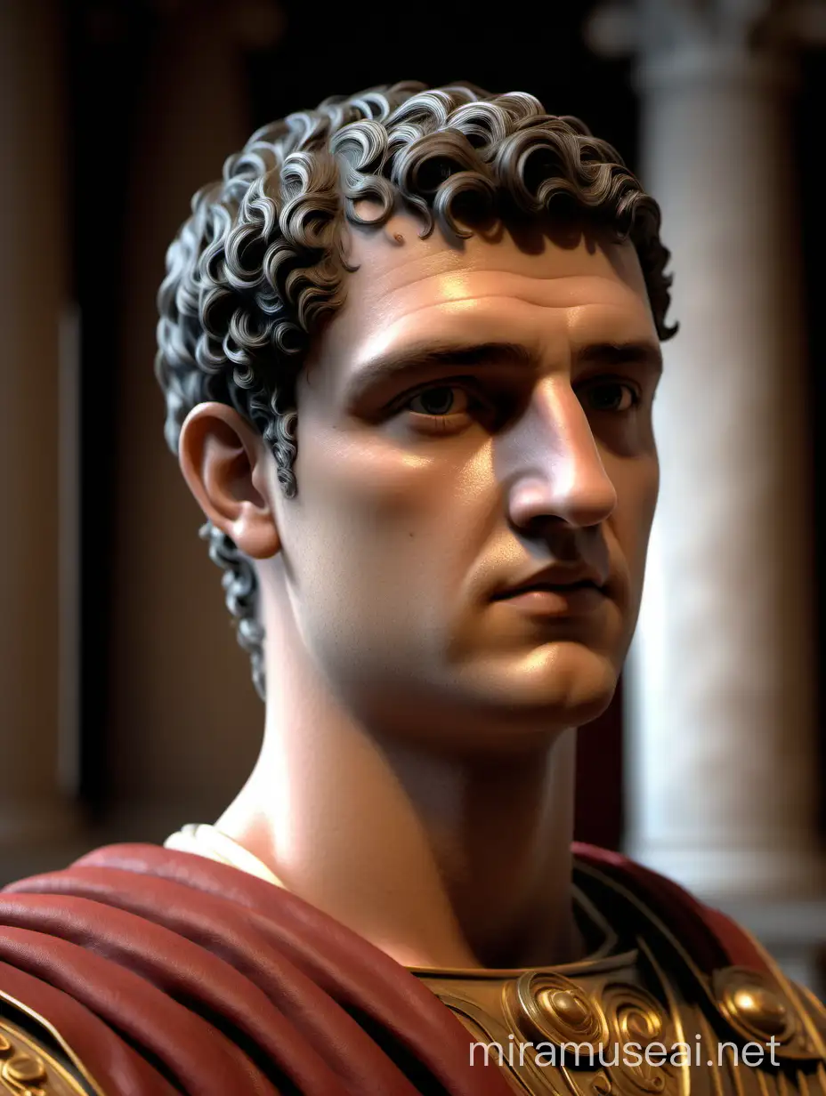realistic profile picture (front-facing) of a young ancient roman senator. backdrop of roman senate