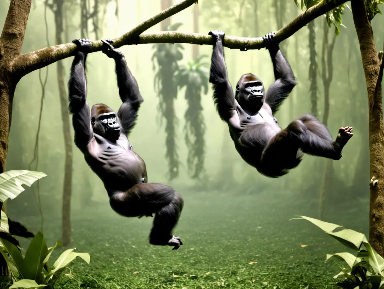 gorillas swinging from trees inrainforest