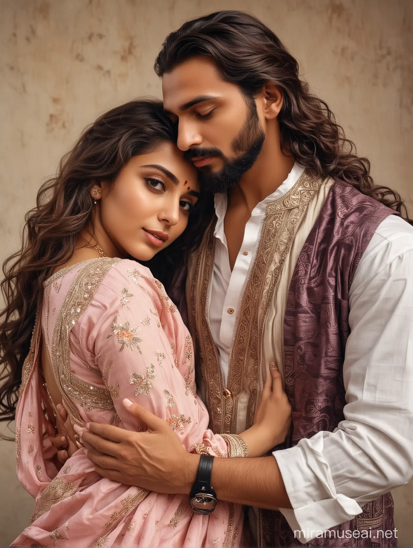 full portrait photo of most beautiful european couple as most beautiful indian couple, most beautiful cute  girl in elegant saree, wide black  eyes, full face, girl has long wavy  hair cascading, makeup, blouse  low cut back,  girl embracing, resting head on chest of man with deep emotion, man comforting girl with hands around her, man with stylish beard and in formal shirt and tie, photo realistic, 4k.