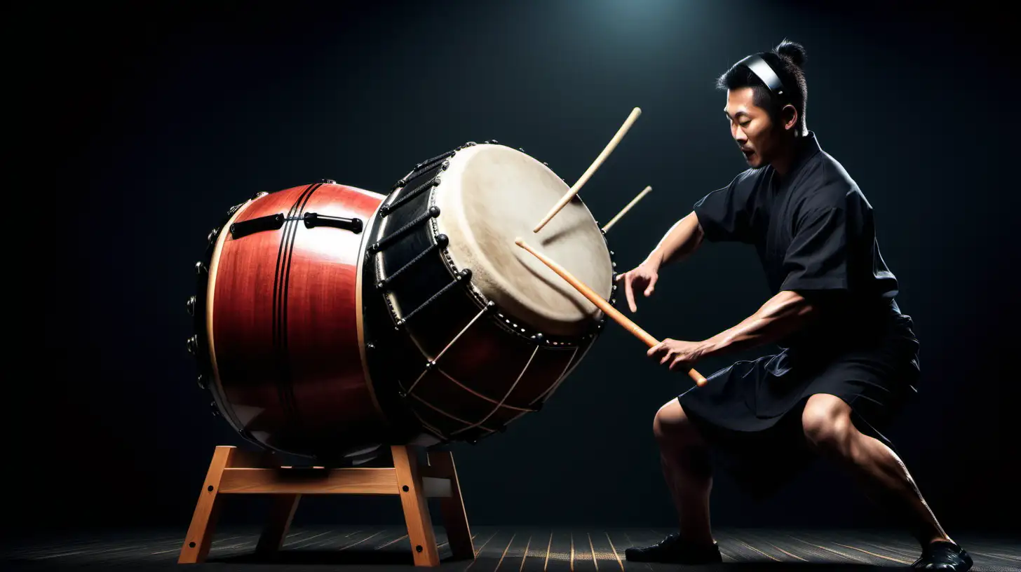 taiko drum in action with a drummer, Japanese style, dark palette, sound, bass, banner for car stereo