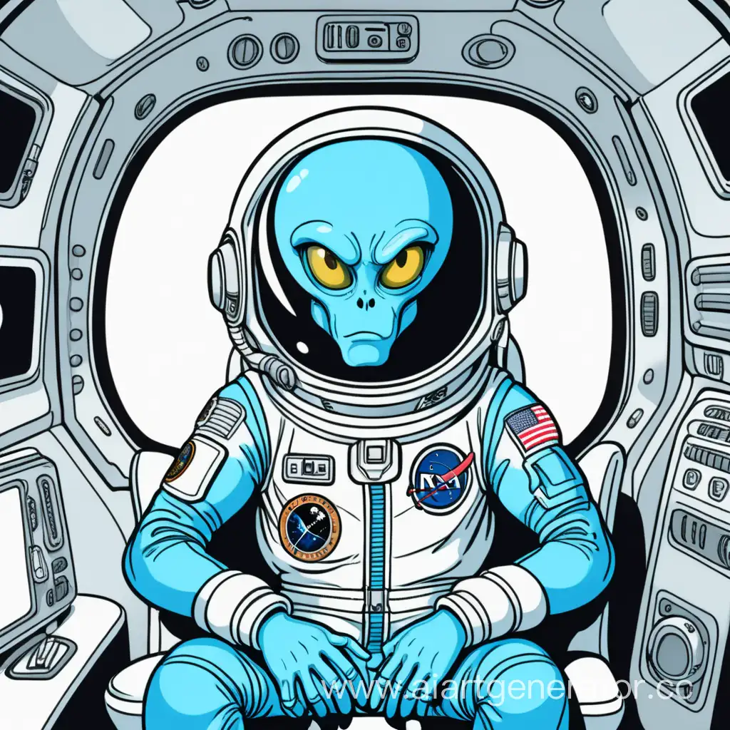 One-eyed blue alien in an astronaut's spacesuit sitting in a spaceship, cartoon style comic