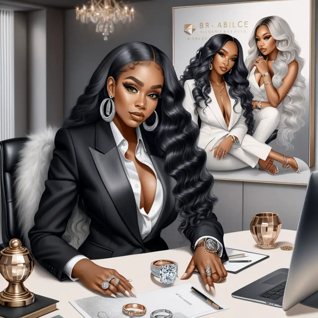 An realistic beautiful 
Black woman long platinum body wave hair with baby hairs rings on her finger Boss babe at a desk, wearing a luxury suit, fur chair, diamond tumbler, glam office, pictures on wall.



